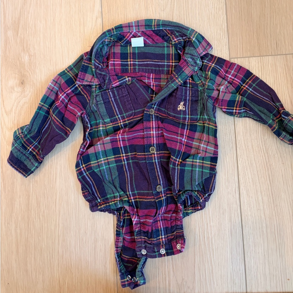 GAP Plaid Button-Up Romper in Purple, Green and Pink